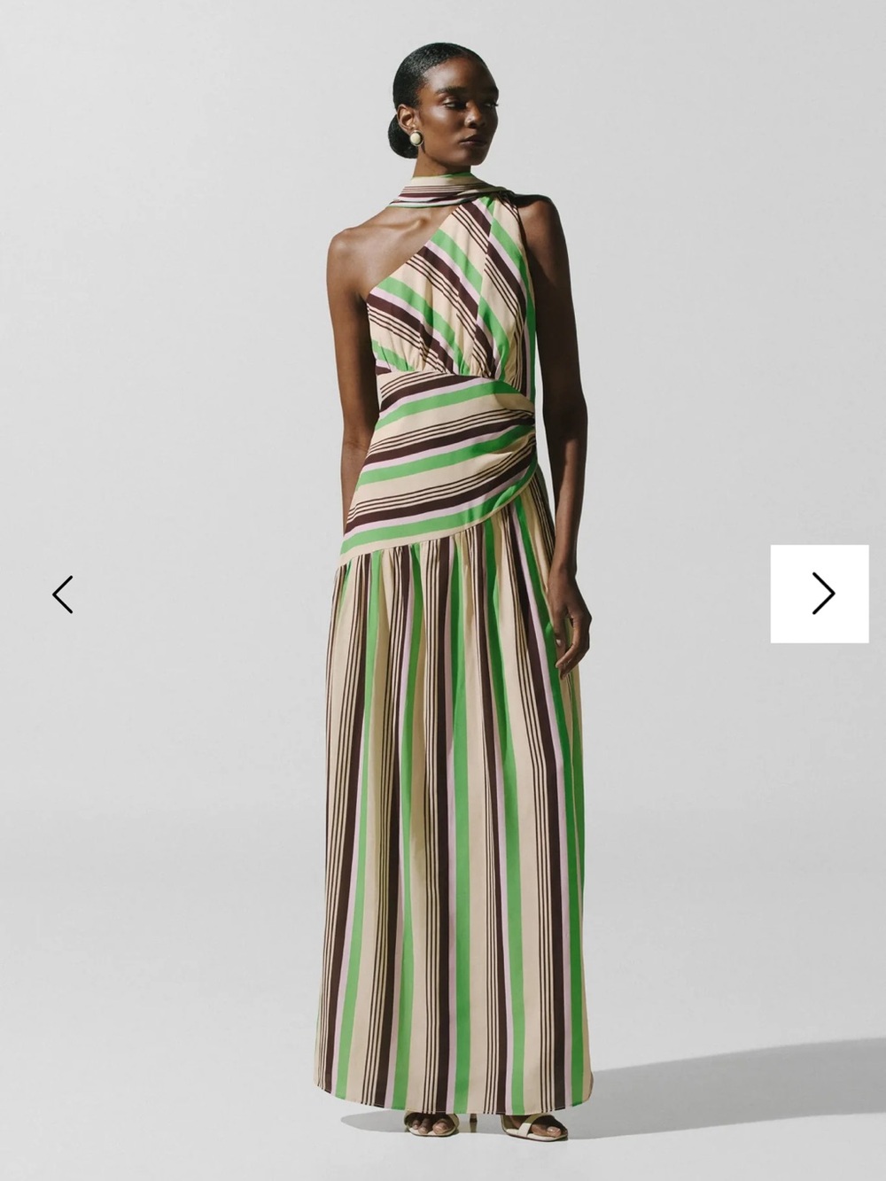 Baobab Collection One-Shoulder Striped Maxi Dress in Green, Cream and Brown